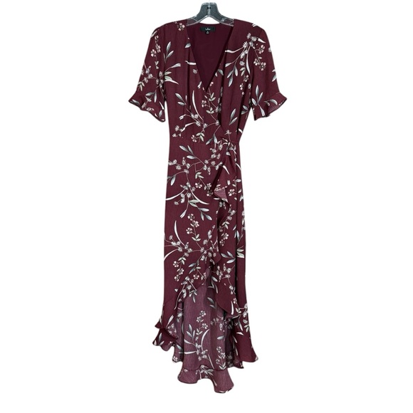 Lulus Wild Winds Burgundy Floral Full Wrap Ruffled Maxi Dress Women's Size M - Picture 4 of 11